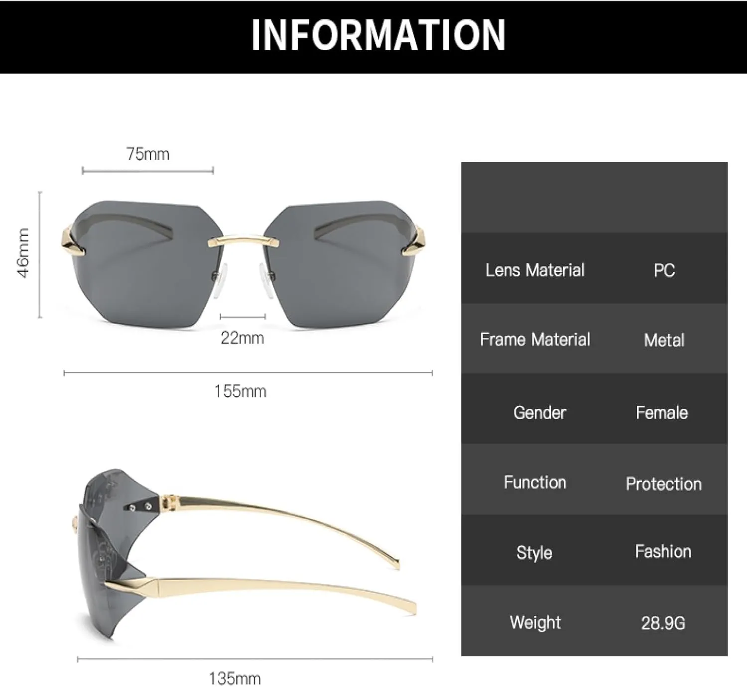 Retro Sunglasses Women Fashion Female Rimless Polygon Metal Vintage Big Frame
