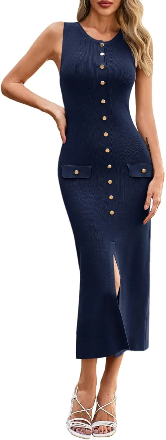 Saodimallsu Womens Sleeveless Summer Dresses Button Formal Office Casual Knit Trendy Bodycon Slit Midi Tank Dress