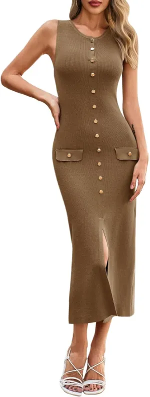 Saodimallsu Womens Sleeveless Summer Dresses Button Formal Office Casual Knit Trendy Bodycon Slit Midi Tank Dress