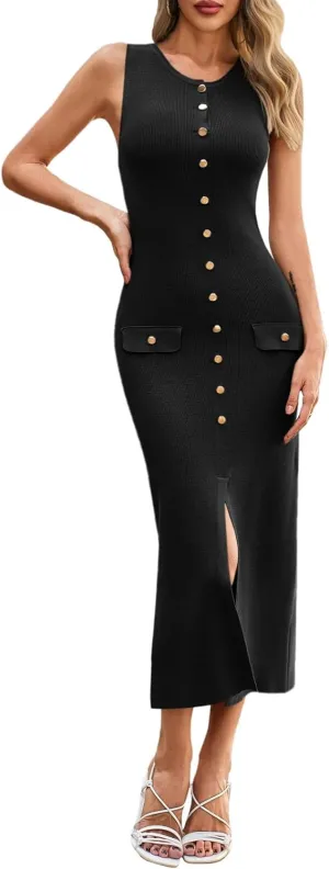 Saodimallsu Womens Sleeveless Summer Dresses Button Formal Office Casual Knit Trendy Bodycon Slit Midi Tank Dress