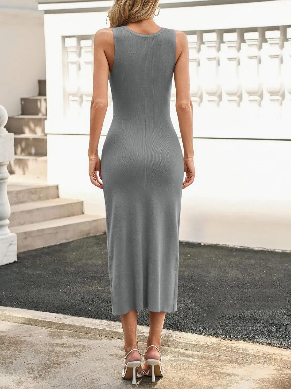 Saodimallsu Womens Sleeveless Summer Dresses Button Formal Office Casual Knit Trendy Bodycon Slit Midi Tank Dress