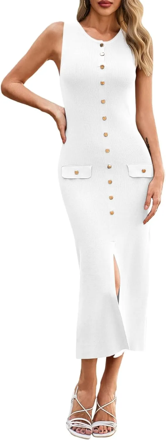 Saodimallsu Womens Sleeveless Summer Dresses Button Formal Office Casual Knit Trendy Bodycon Slit Midi Tank Dress