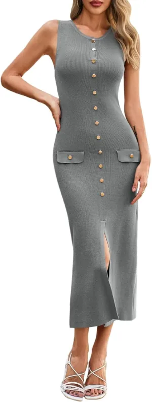 Saodimallsu Womens Sleeveless Summer Dresses Button Formal Office Casual Knit Trendy Bodycon Slit Midi Tank Dress