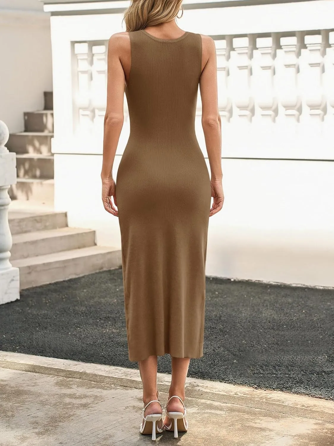 Saodimallsu Womens Sleeveless Summer Dresses Button Formal Office Casual Knit Trendy Bodycon Slit Midi Tank Dress