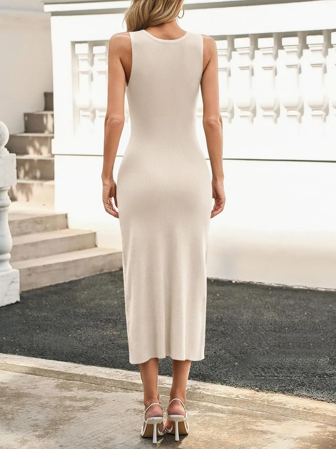 Saodimallsu Womens Sleeveless Summer Dresses Button Formal Office Casual Knit Trendy Bodycon Slit Midi Tank Dress