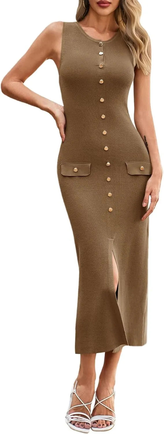 Saodimallsu Womens Sleeveless Summer Dresses Button Formal Office Casual Knit Trendy Bodycon Slit Midi Tank Dress
