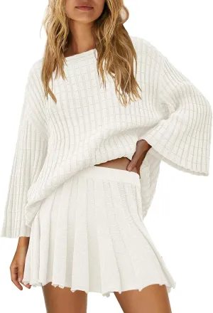 SENSERISE Womens Sweater Sets 2 Piece Outfits Long Sleeve Top and Skirts Set Loungewear Fall Clothes
