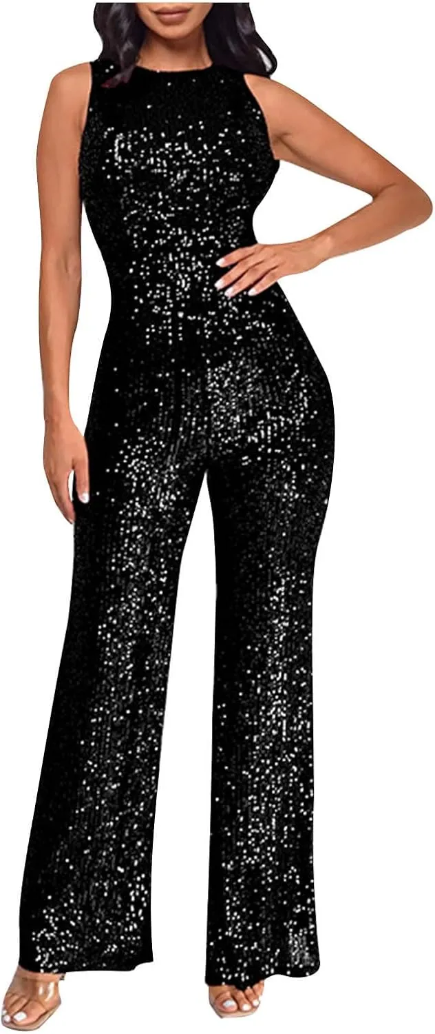 Sequin Halter Jumpsuit for Women Y2K Fashion Streetwear Athletic Dressy Party Romper Sexy Sleeveless V Neck Overalls