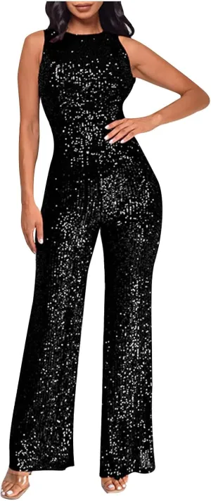 Sequin Halter Jumpsuit for Women Y2K Fashion Streetwear Athletic Dressy Party Romper Sexy Sleeveless V Neck Overalls