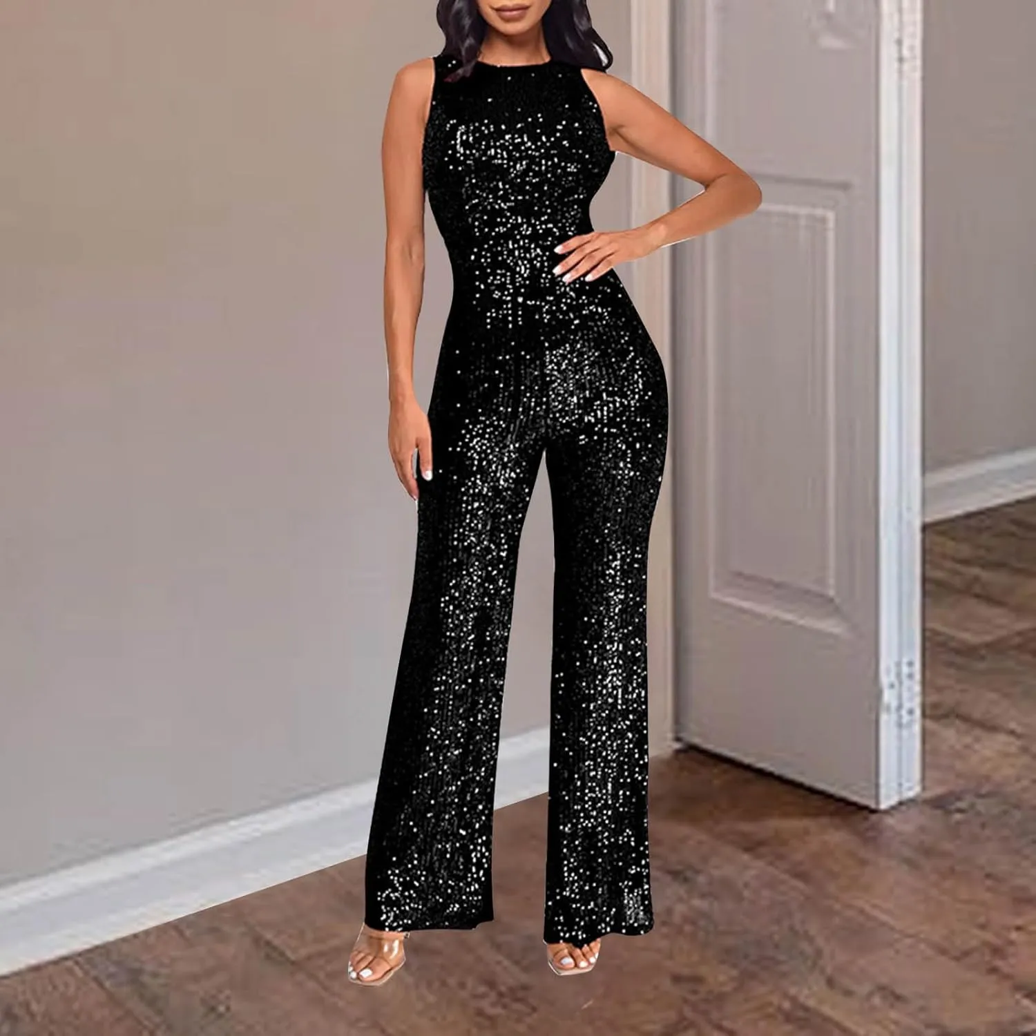 Sequin Halter Jumpsuit for Women Y2K Fashion Streetwear Athletic Dressy Party Romper Sexy Sleeveless V Neck Overalls