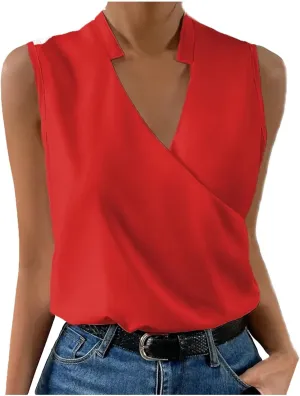 Sexy Tank Tops for Women V Neck Dressy Casual Blouses Sleeveless Cross Wrap Shirts Summer Trendy Business Work Tops