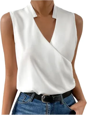 Sexy Tank Tops for Women V Neck Dressy Casual Blouses Sleeveless Cross Wrap Shirts Summer Trendy Business Work Tops