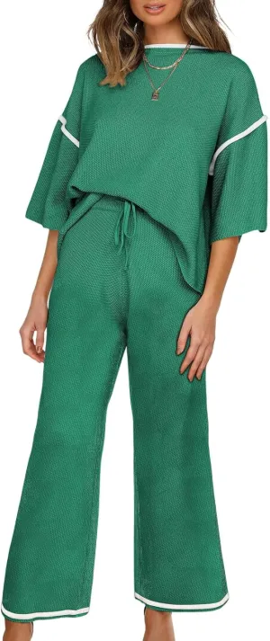SHEWIN Womens Two Piece Outfits Casual Short Sleeve Knit Sweater Tops Matching Wide Leg Pants Tracksuit Lounge Sets