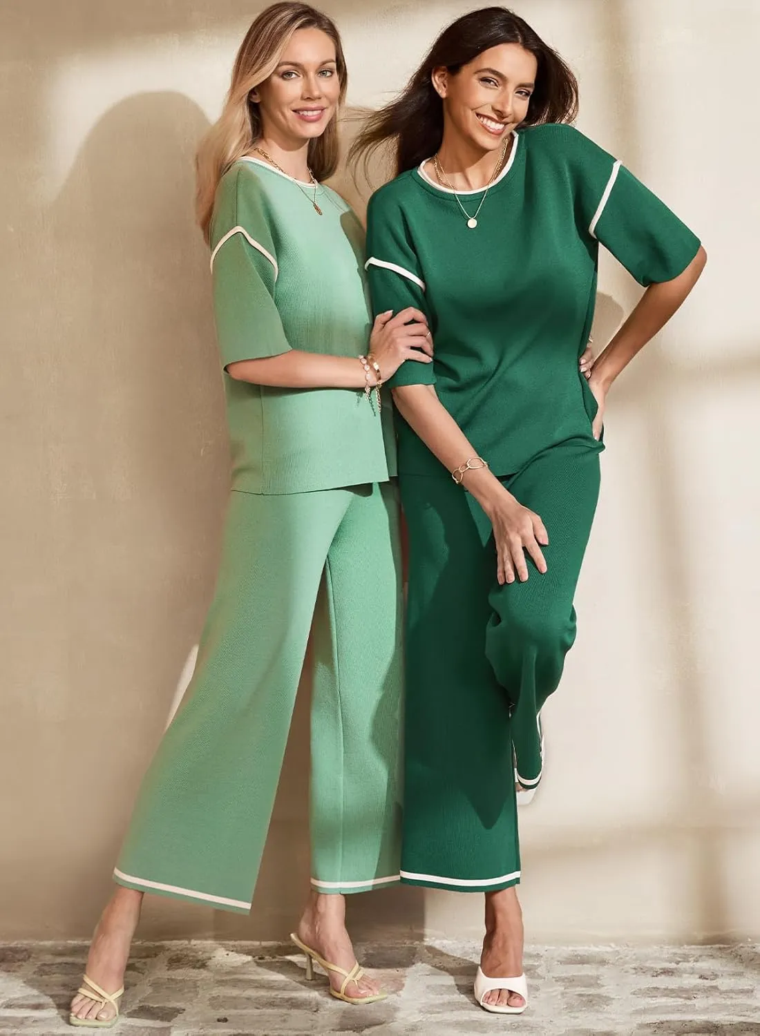 SHEWIN Womens Two Piece Outfits Casual Short Sleeve Knit Sweater Tops Matching Wide Leg Pants Tracksuit Lounge Sets