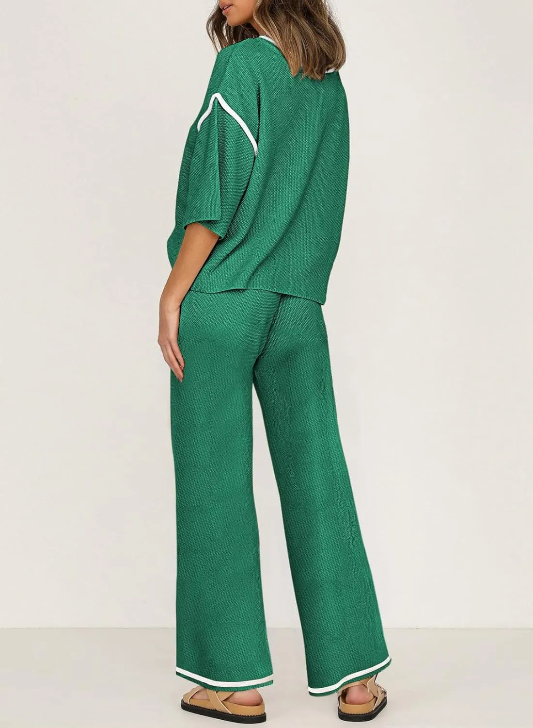 SHEWIN Womens Two Piece Outfits Casual Short Sleeve Knit Sweater Tops Matching Wide Leg Pants Tracksuit Lounge Sets