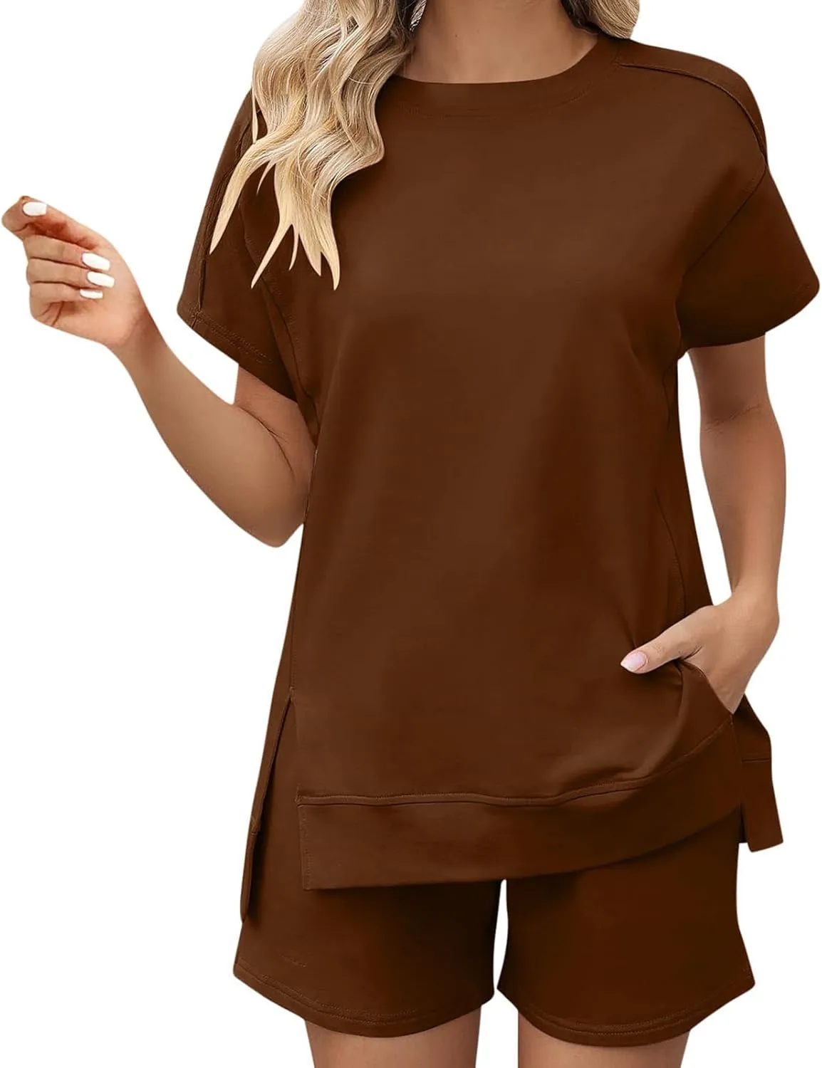 Short Sets for Women Casual Short Sleeve Split Hem Crew Neck Top Baggy Short Outfits Summer Loose Fit Tracksuits