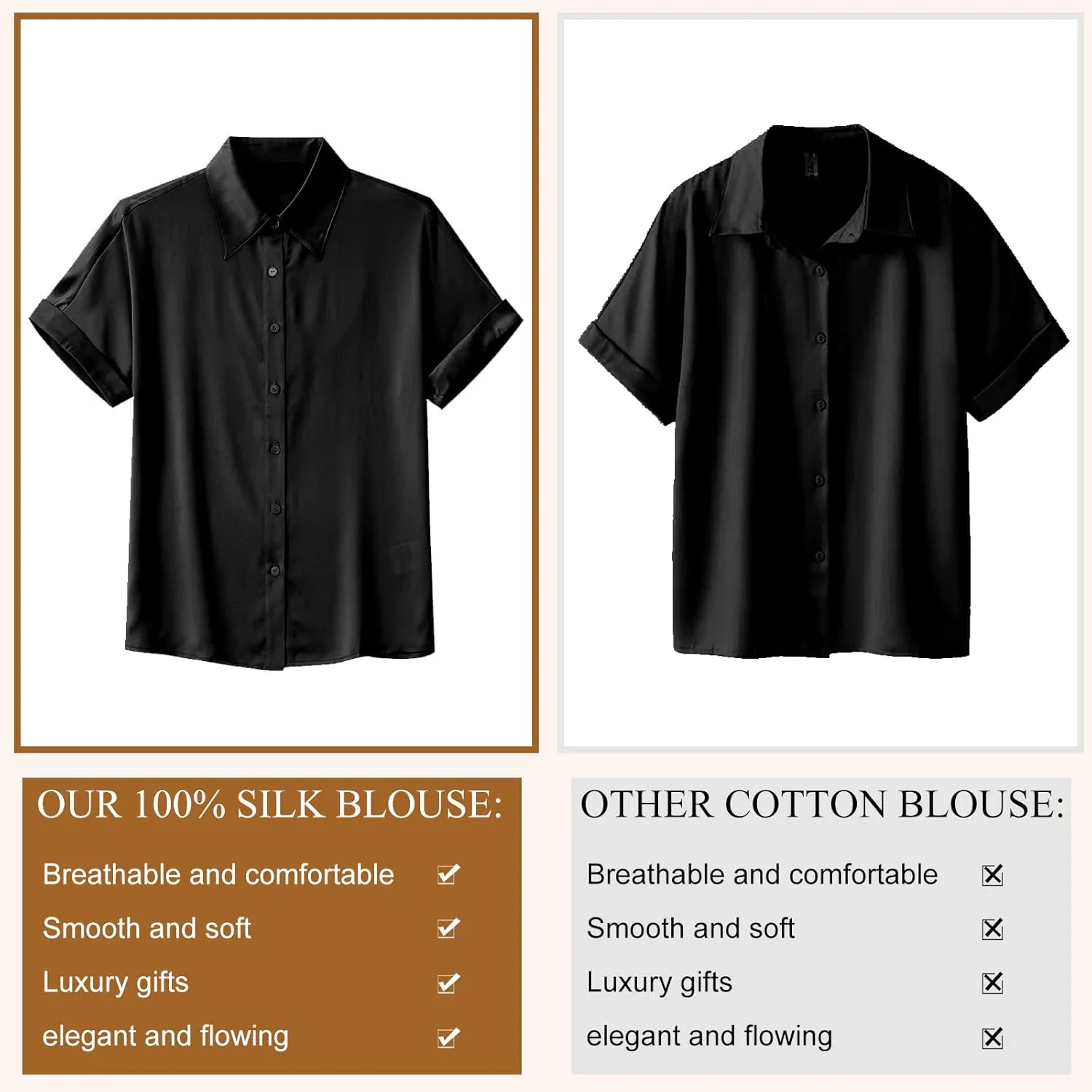 Silk Blouse for Women Button Down Shirts: Women's Short Sleeve Elegant Shirt 100% Pure Silk Casual Tops Summer Luxury Blouses