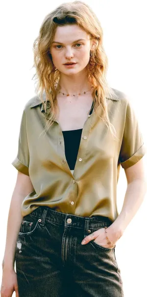 Silk Blouse for Women Button Down Shirts: Women's Short Sleeve Elegant Shirt 100% Pure Silk Casual Tops Summer Luxury Blouses