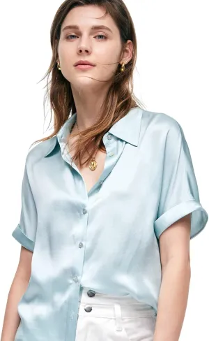 Silk Blouse for Women Button Down Shirts: Women's Short Sleeve Elegant Shirt 100% Pure Silk Casual Tops Summer Luxury Blouses