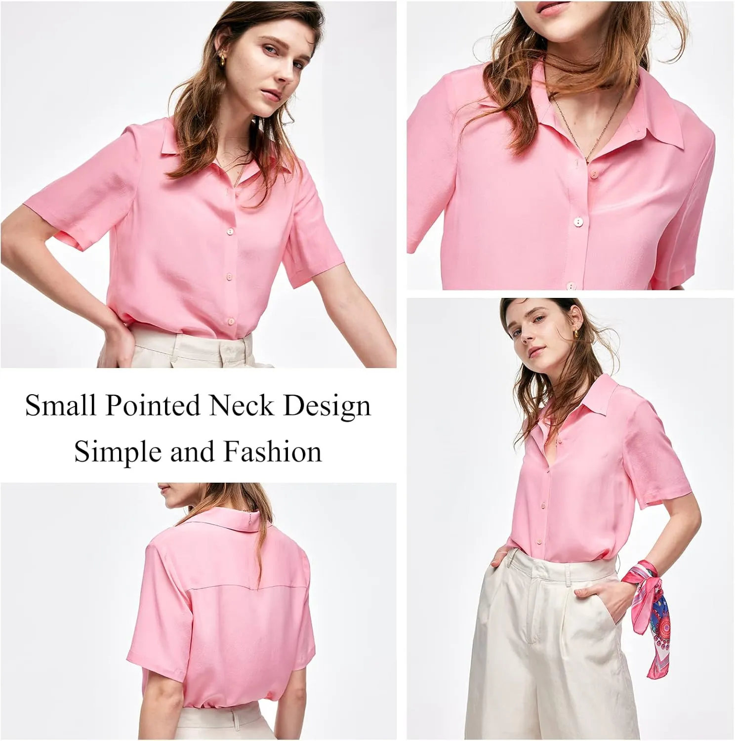 Silk Blouse for Women Button Down Shirts: Women's Short Sleeve Elegant Shirt 100% Pure Silk Casual Tops Summer Luxury Blouses