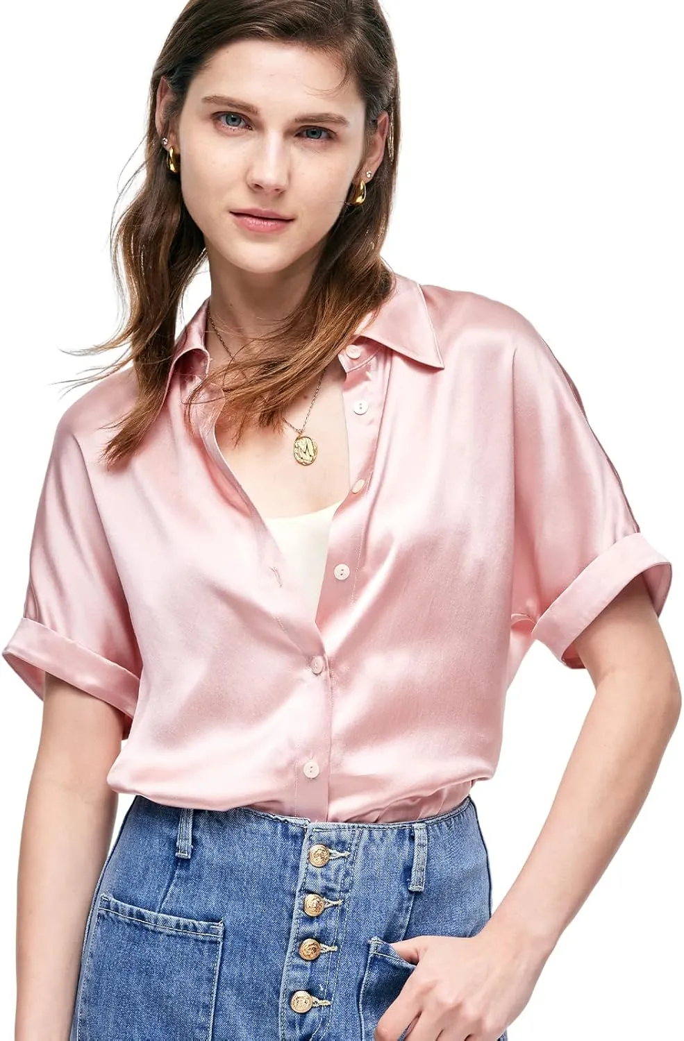 Silk Blouse for Women Button Down Shirts: Women's Short Sleeve Elegant Shirt 100% Pure Silk Casual Tops Summer Luxury Blouses