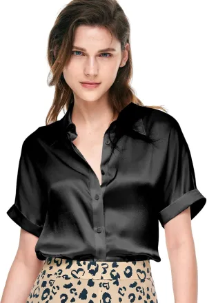 Silk Blouse for Women Button Down Shirts: Women's Short Sleeve Elegant Shirt 100% Pure Silk Casual Tops Summer Luxury Blouses