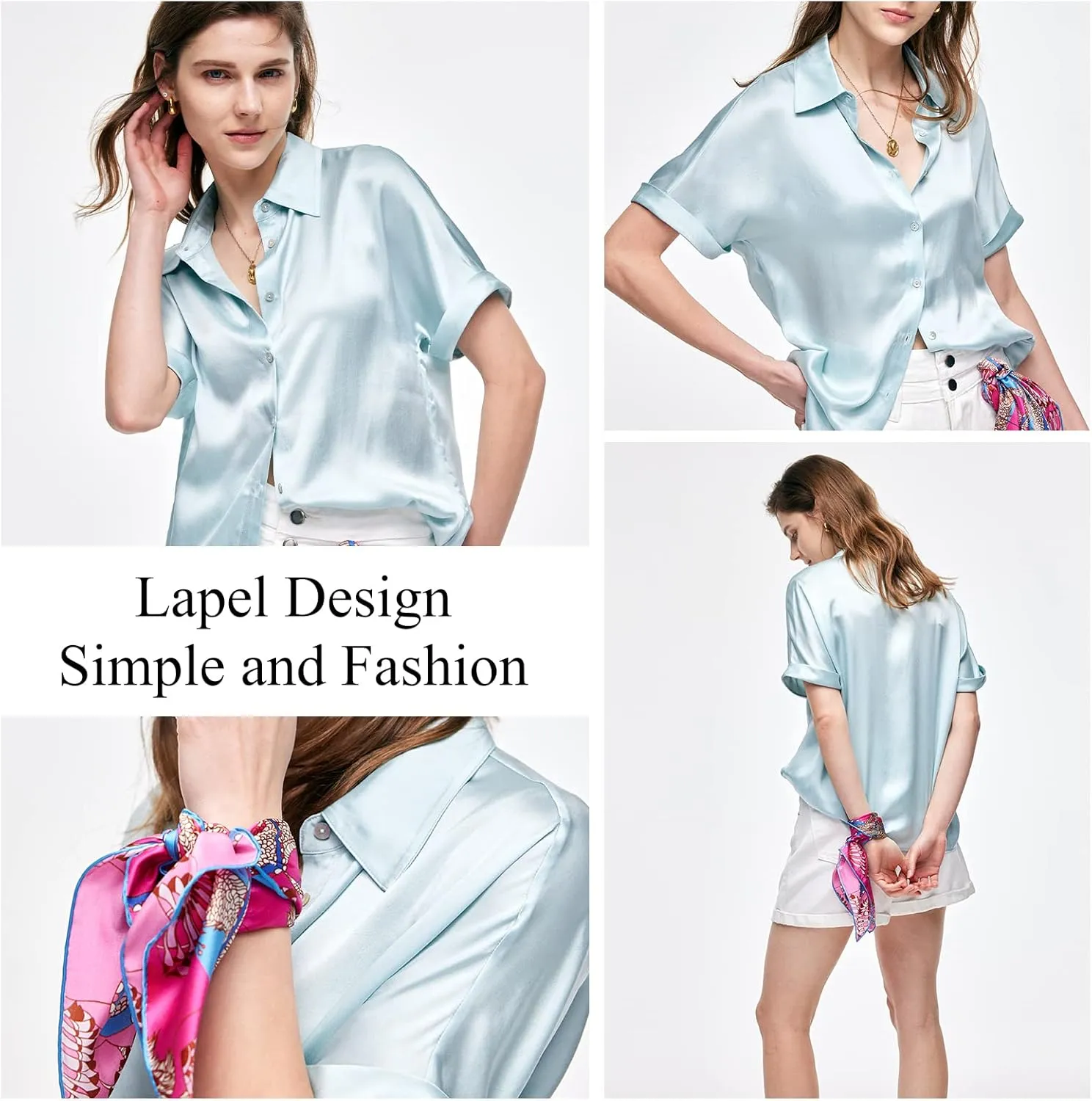 Silk Blouse for Women Button Down Shirts: Women's Short Sleeve Elegant Shirt 100% Pure Silk Casual Tops Summer Luxury Blouses