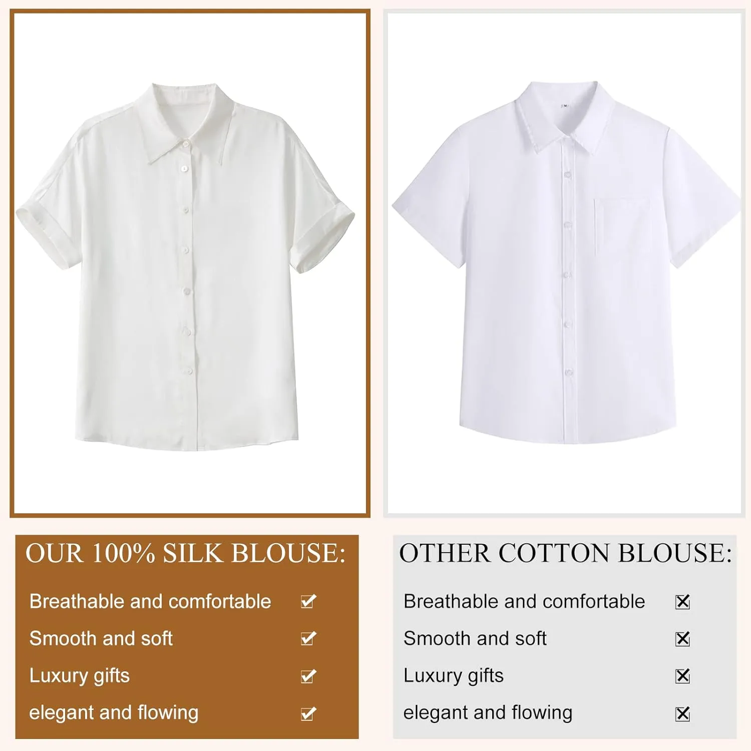 Silk Blouse for Women Button Down Shirts: Women's Short Sleeve Elegant Shirt 100% Pure Silk Casual Tops Summer Luxury Blouses