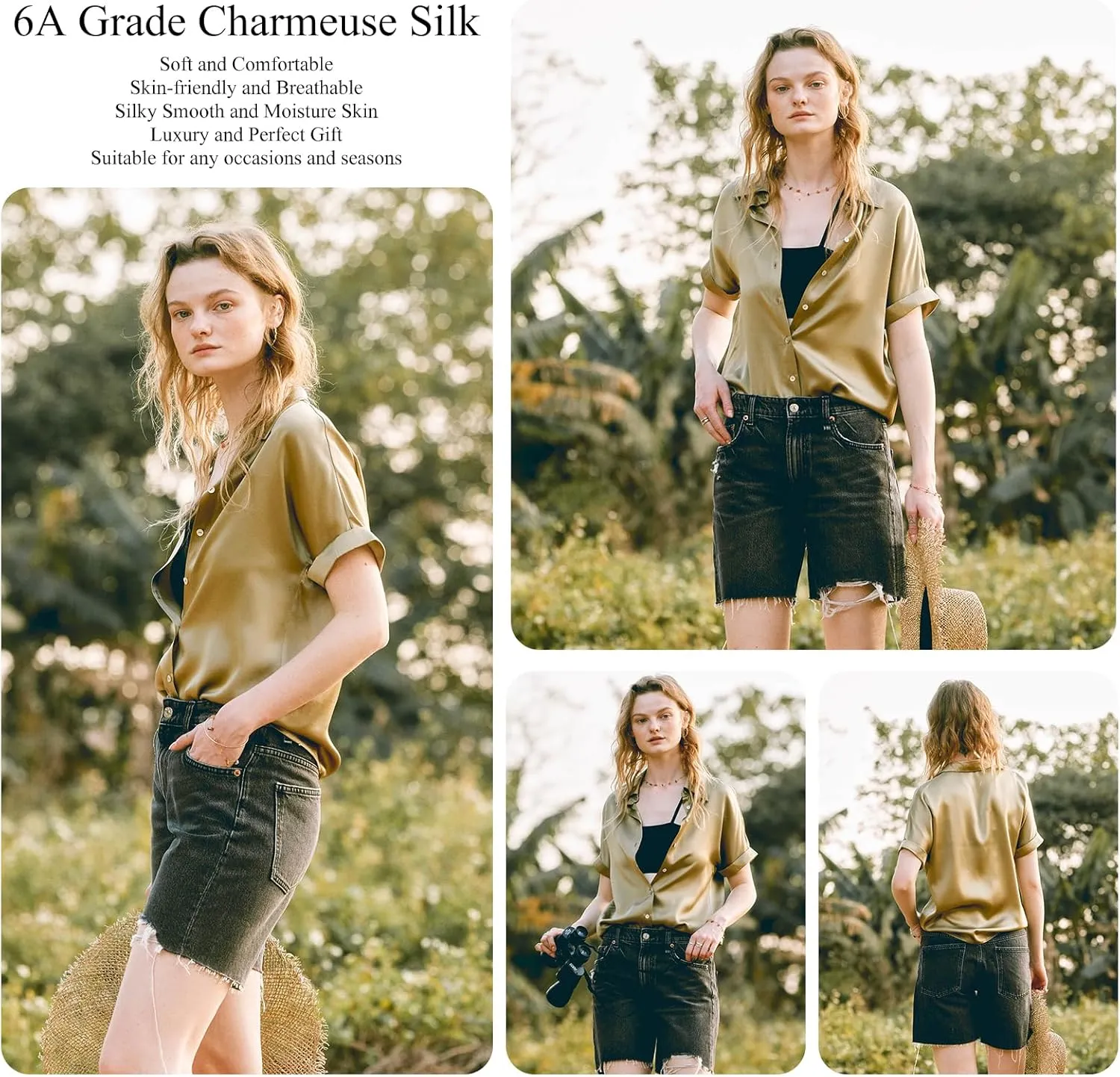 Silk Blouse for Women Button Down Shirts: Women's Short Sleeve Elegant Shirt 100% Pure Silk Casual Tops Summer Luxury Blouses