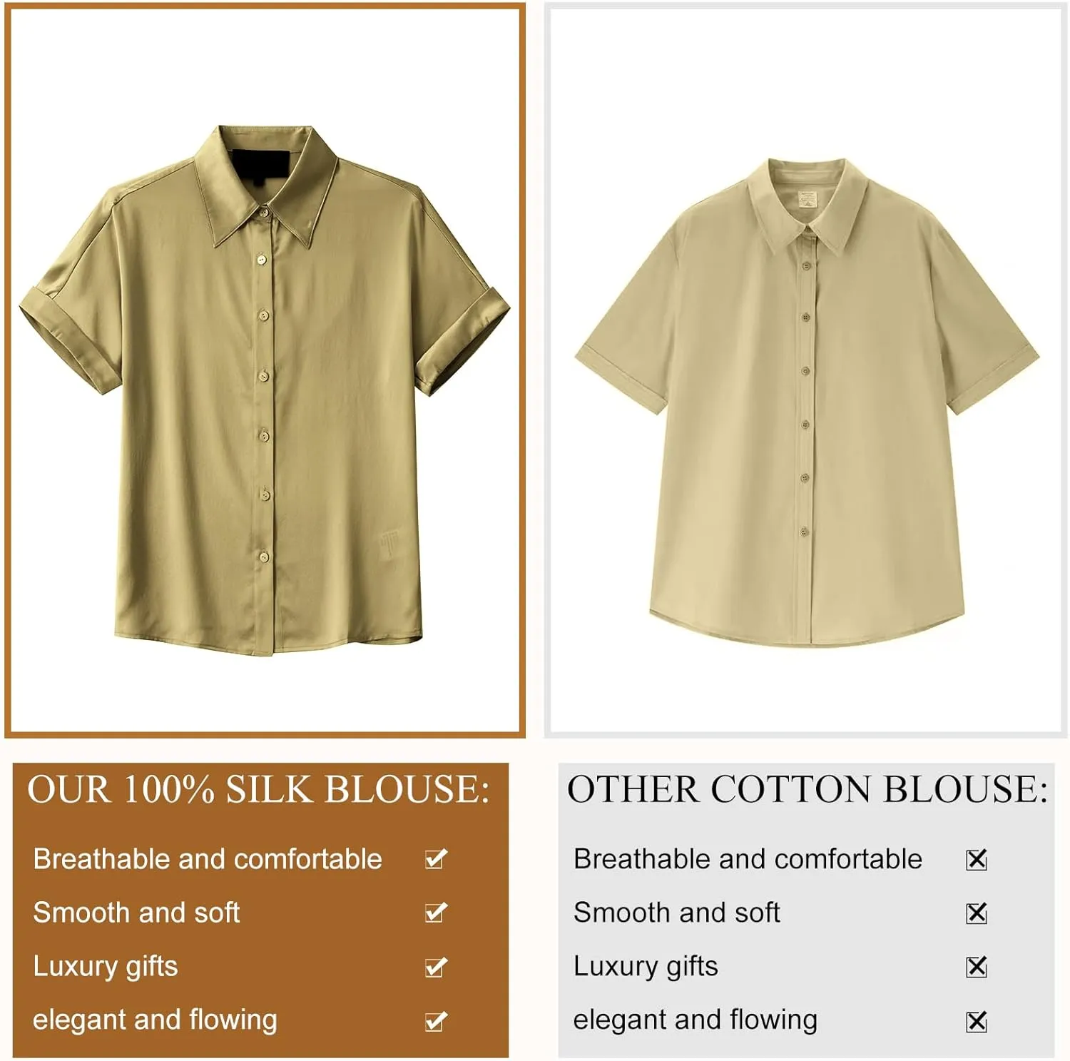 Silk Blouse for Women Button Down Shirts: Women's Short Sleeve Elegant Shirt 100% Pure Silk Casual Tops Summer Luxury Blouses