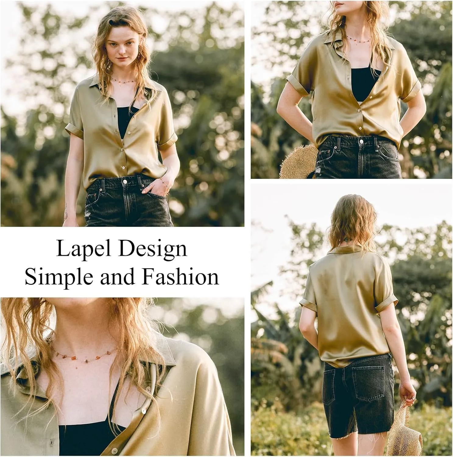 Silk Blouse for Women Button Down Shirts: Women's Short Sleeve Elegant Shirt 100% Pure Silk Casual Tops Summer Luxury Blouses