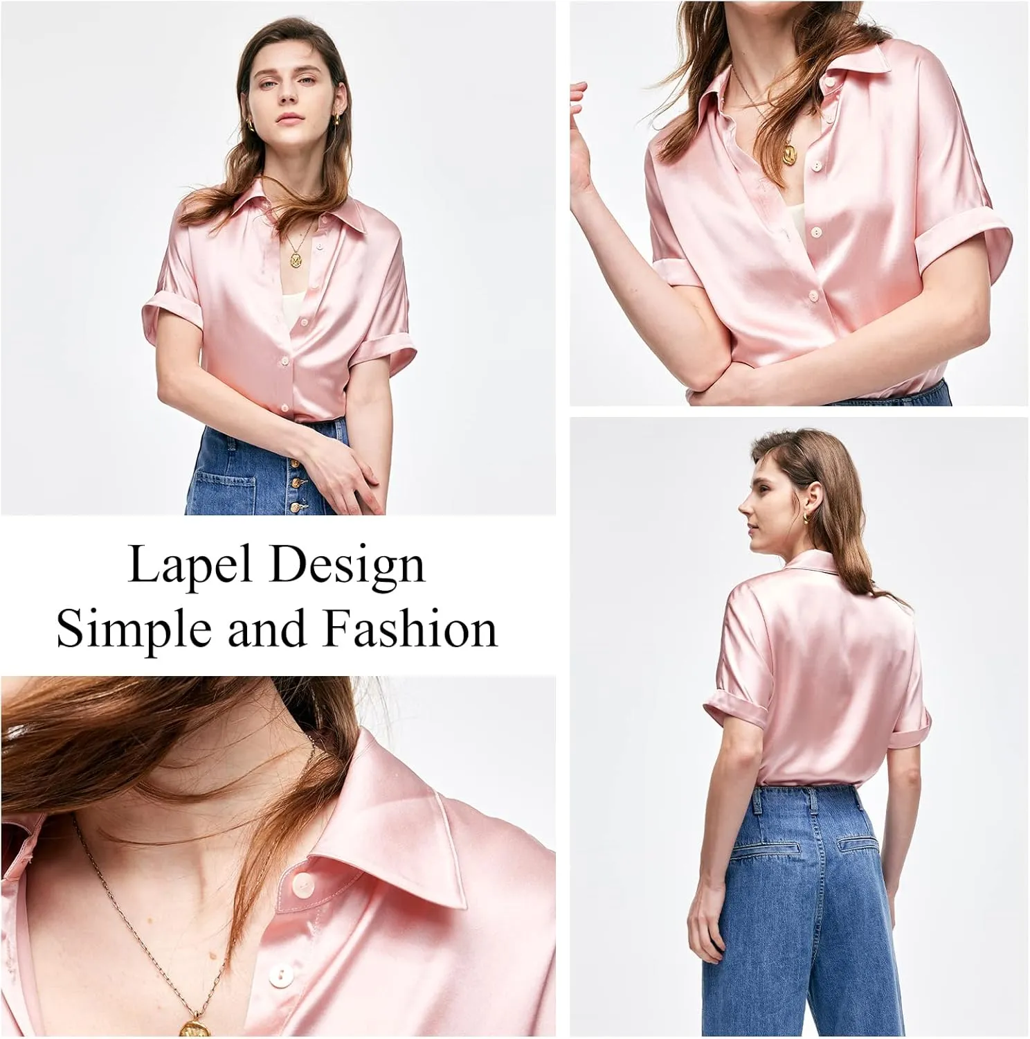 Silk Blouse for Women Button Down Shirts: Women's Short Sleeve Elegant Shirt 100% Pure Silk Casual Tops Summer Luxury Blouses
