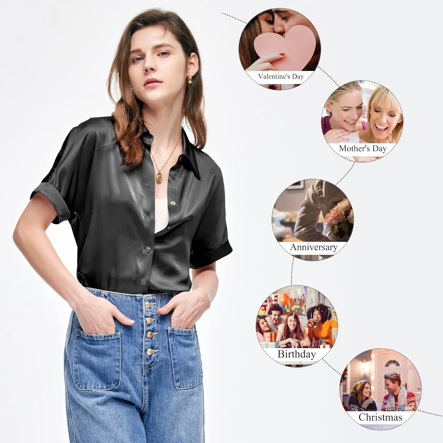 Silk Blouse for Women Button Down Shirts: Women's Short Sleeve Elegant Shirt 100% Pure Silk Casual Tops Summer Luxury Blouses