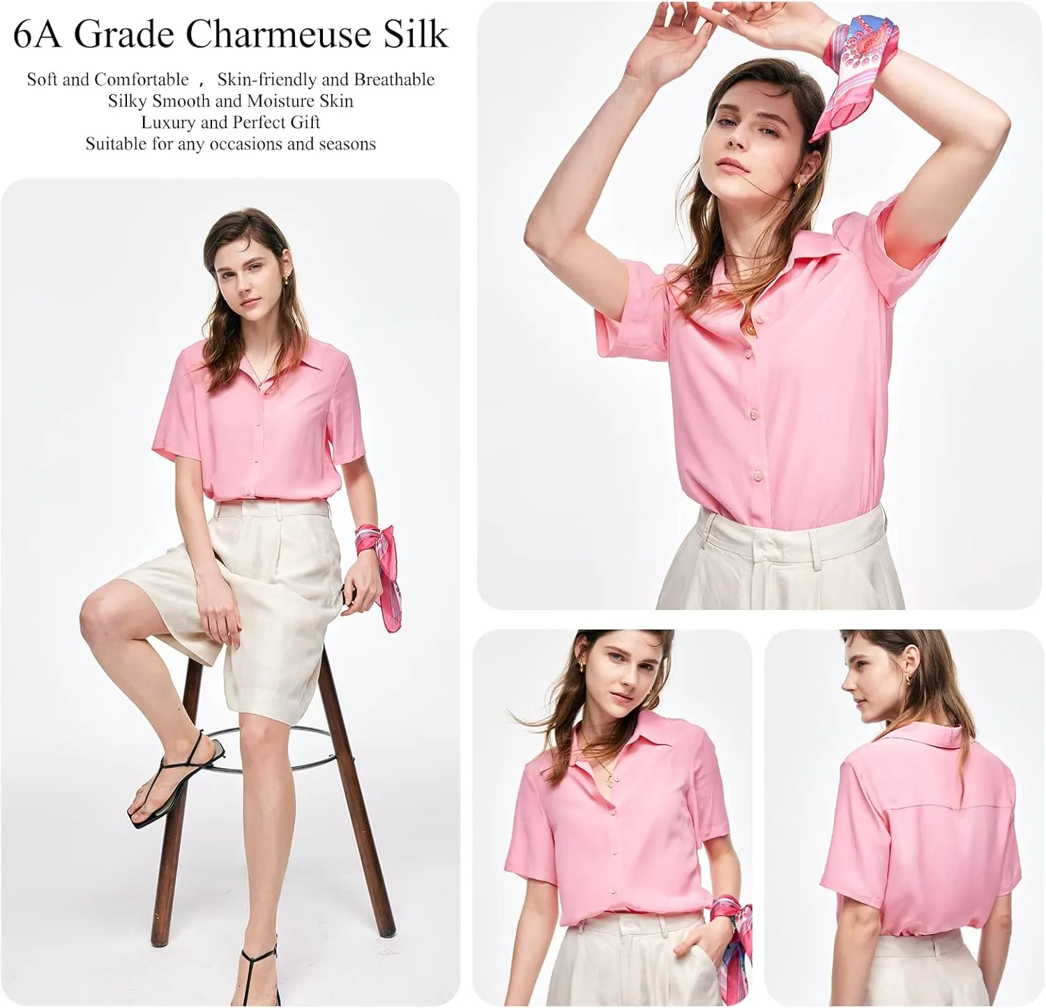 Silk Blouse for Women Button Down Shirts: Women's Short Sleeve Elegant Shirt 100% Pure Silk Casual Tops Summer Luxury Blouses