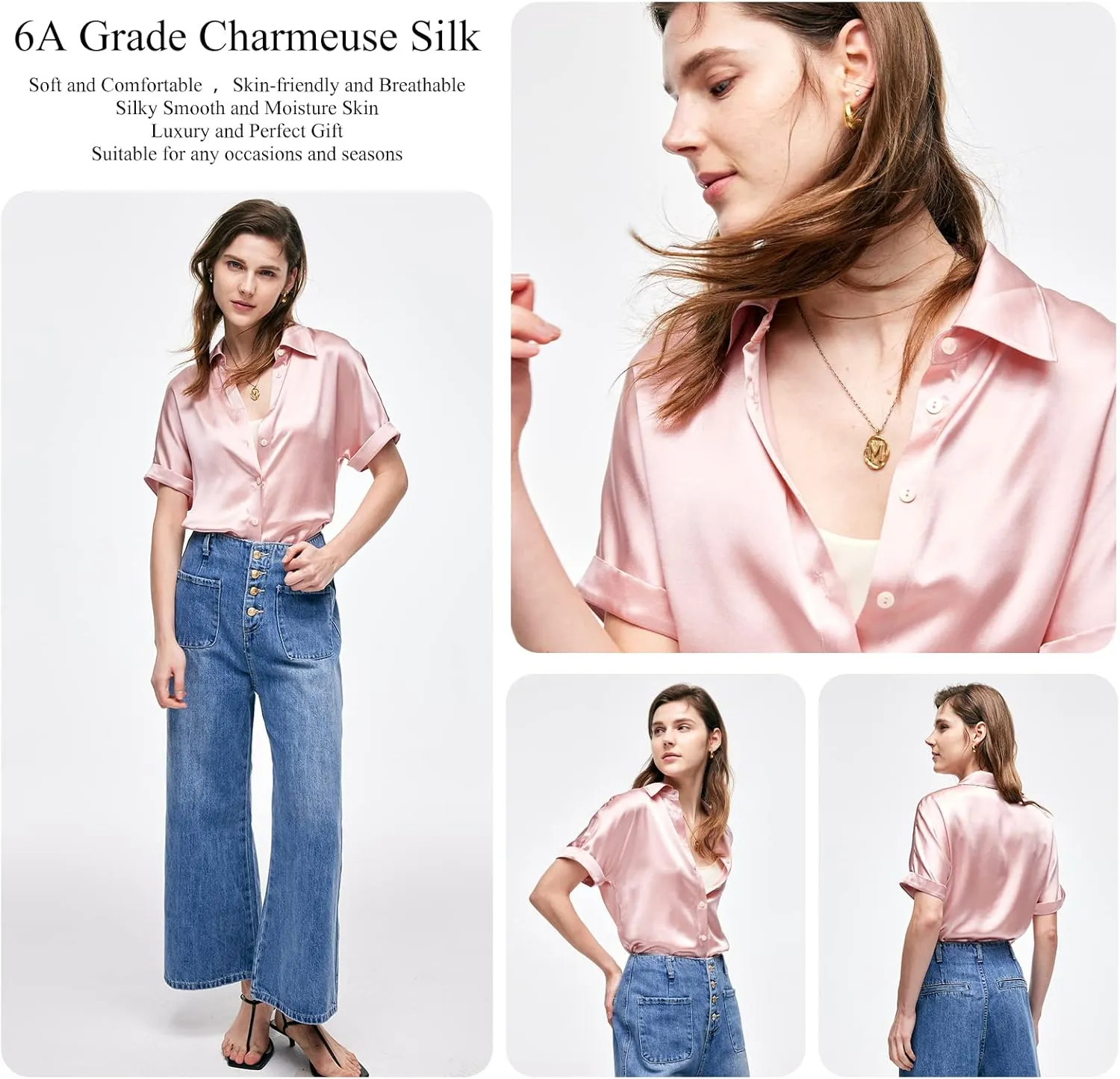 Silk Blouse for Women Button Down Shirts: Women's Short Sleeve Elegant Shirt 100% Pure Silk Casual Tops Summer Luxury Blouses