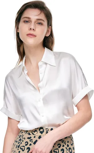 Silk Blouse for Women Button Down Shirts: Women's Short Sleeve Elegant Shirt 100% Pure Silk Casual Tops Summer Luxury Blouses