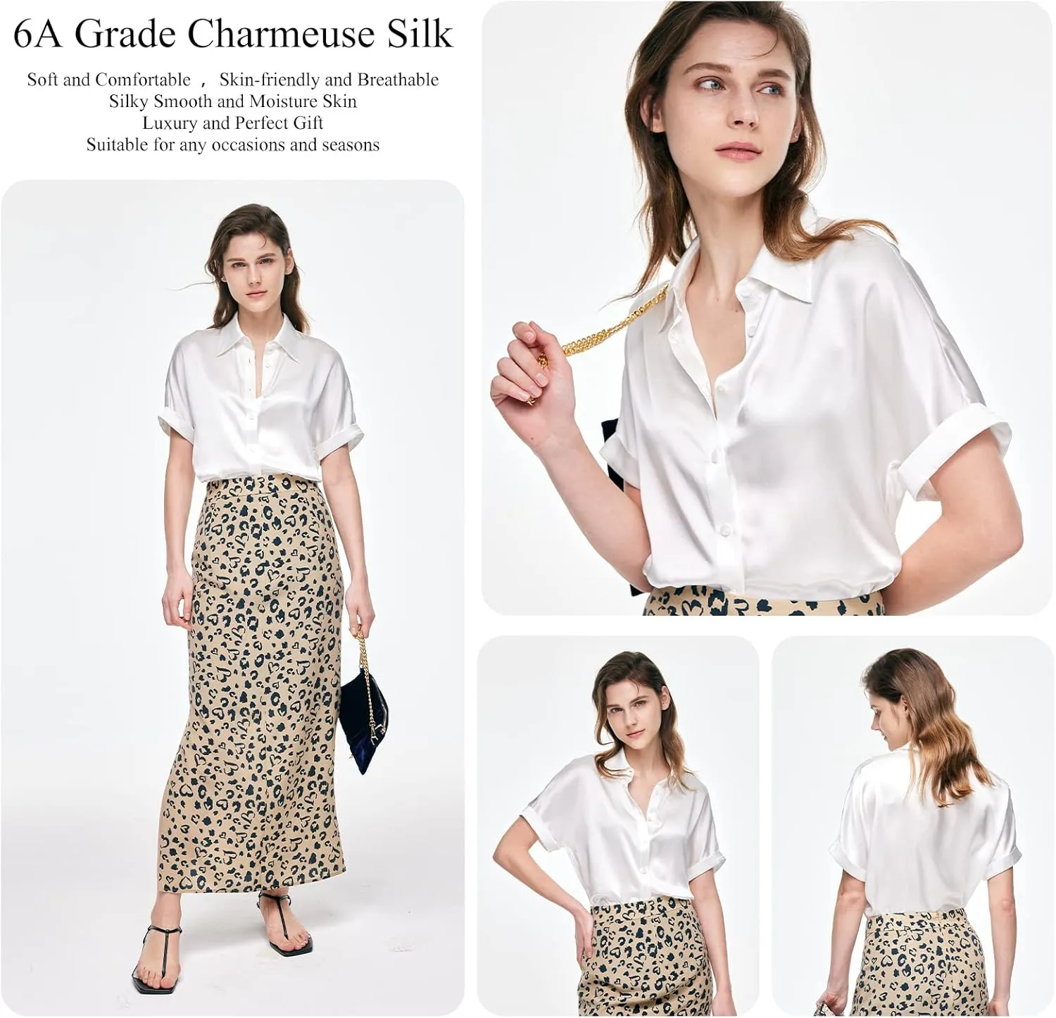 Silk Blouse for Women Button Down Shirts: Women's Short Sleeve Elegant Shirt 100% Pure Silk Casual Tops Summer Luxury Blouses