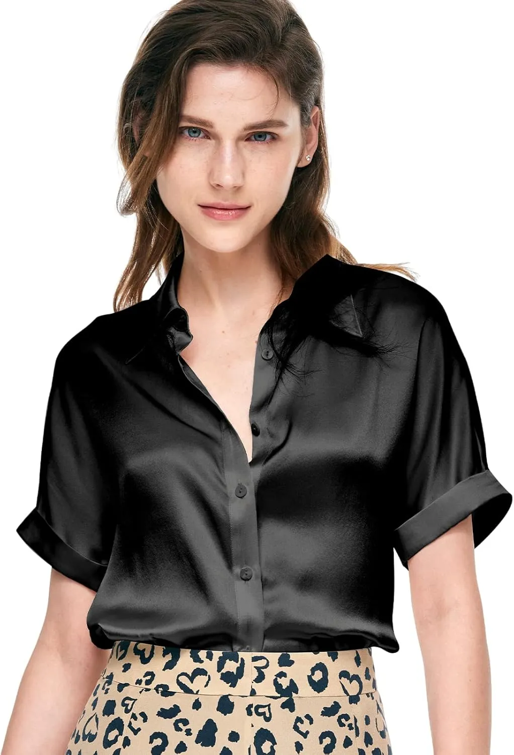 Silk Blouse for Women Button Down Shirts: Women's Short Sleeve Elegant Shirt 100% Pure Silk Casual Tops Summer Luxury Blouses