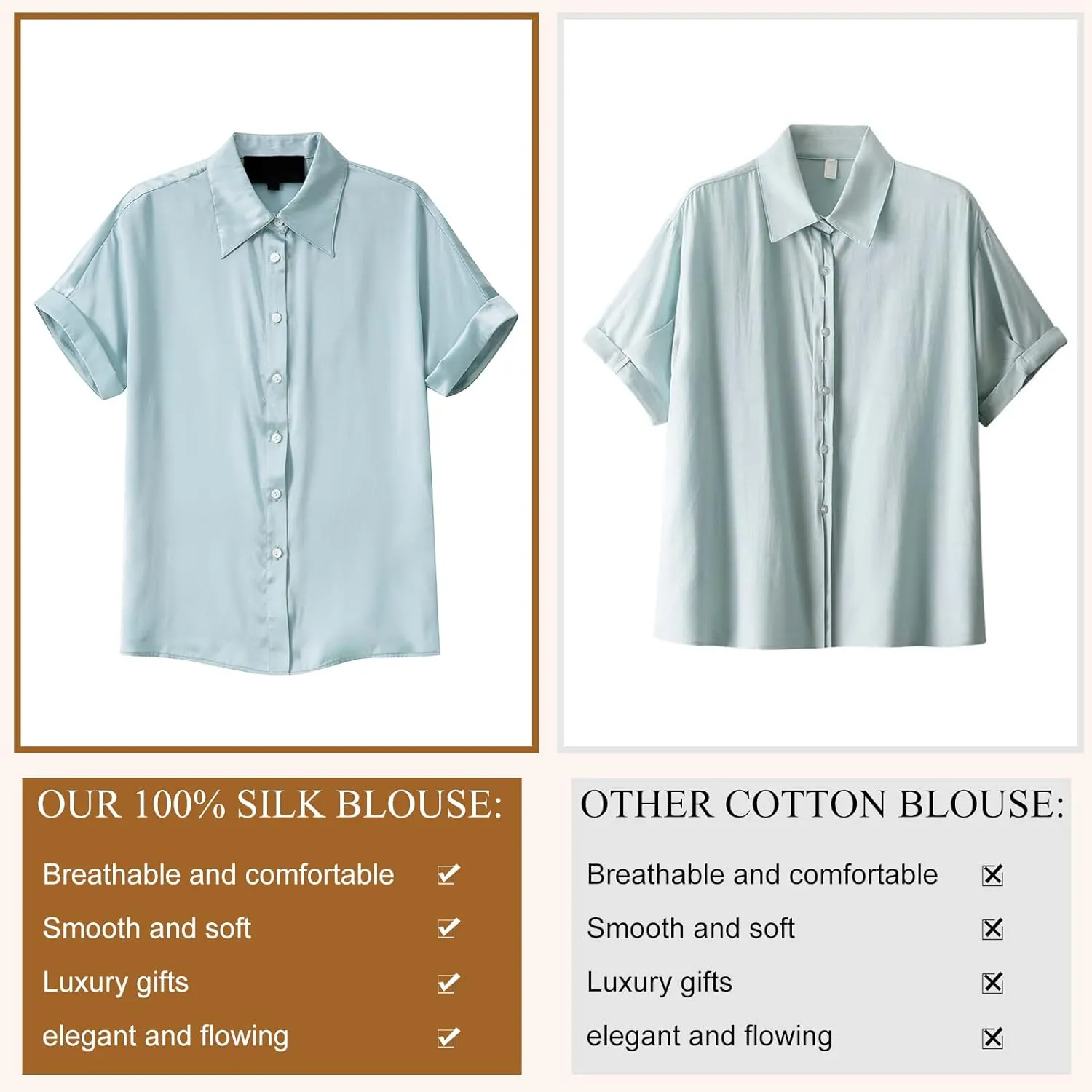 Silk Blouse for Women Button Down Shirts: Women's Short Sleeve Elegant Shirt 100% Pure Silk Casual Tops Summer Luxury Blouses