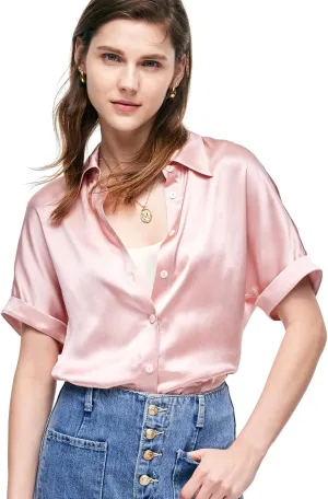 Silk Blouse for Women Button Down Shirts: Women's Short Sleeve Elegant Shirt 100% Pure Silk Casual Tops Summer Luxury Blouses