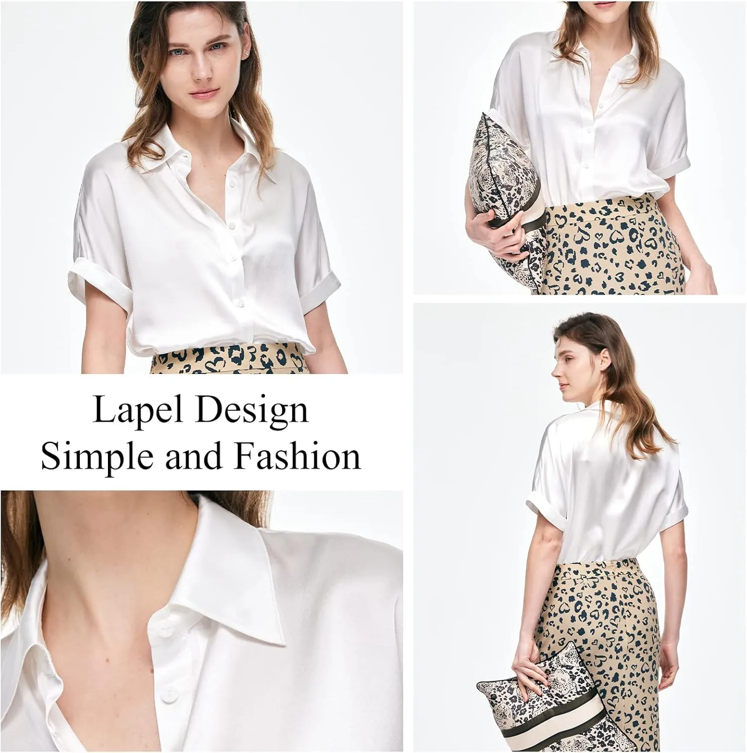 Silk Blouse for Women Button Down Shirts: Women's Short Sleeve Elegant Shirt 100% Pure Silk Casual Tops Summer Luxury Blouses