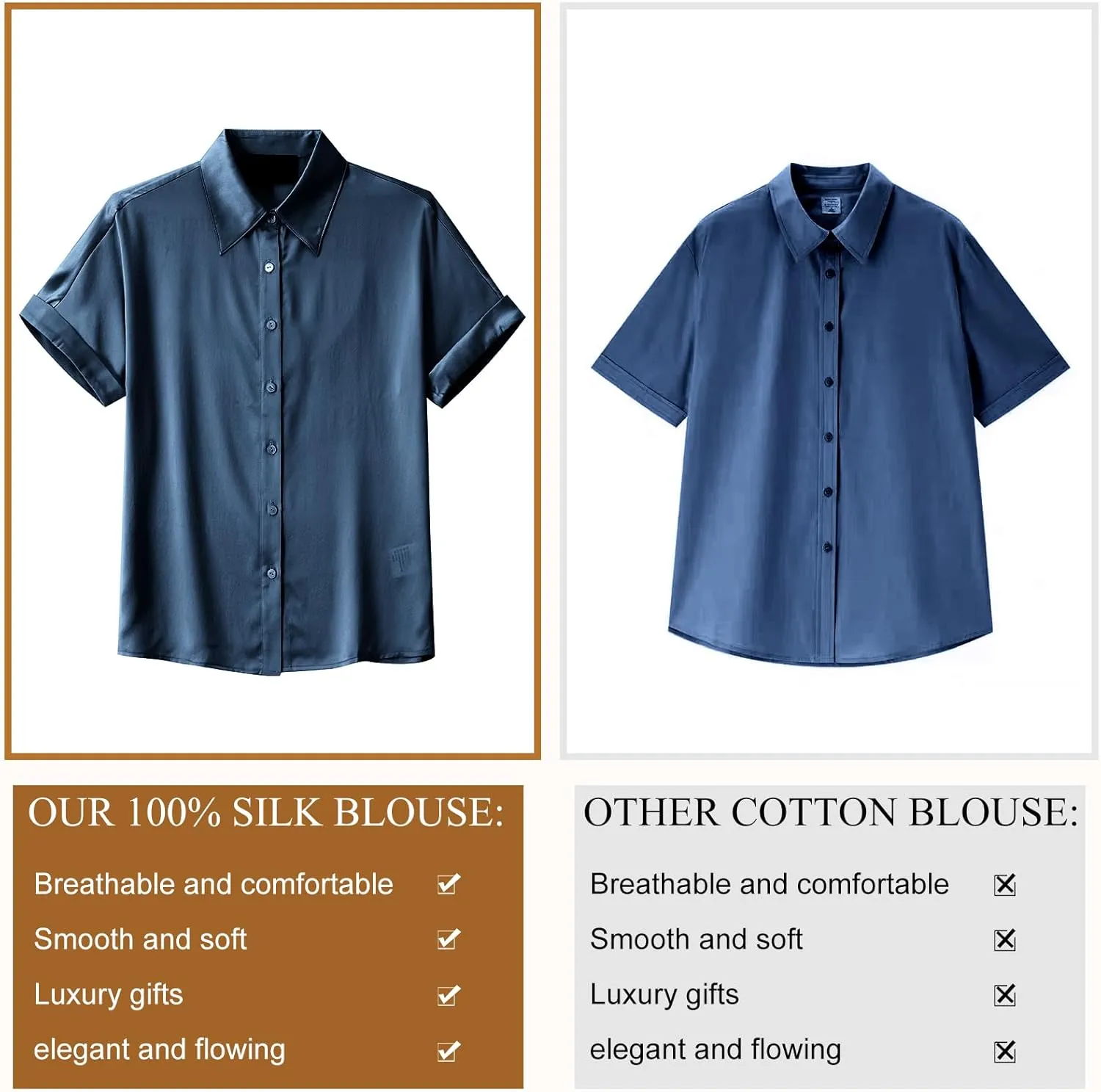 Silk Blouse for Women Button Down Shirts: Women's Short Sleeve Elegant Shirt 100% Pure Silk Casual Tops Summer Luxury Blouses