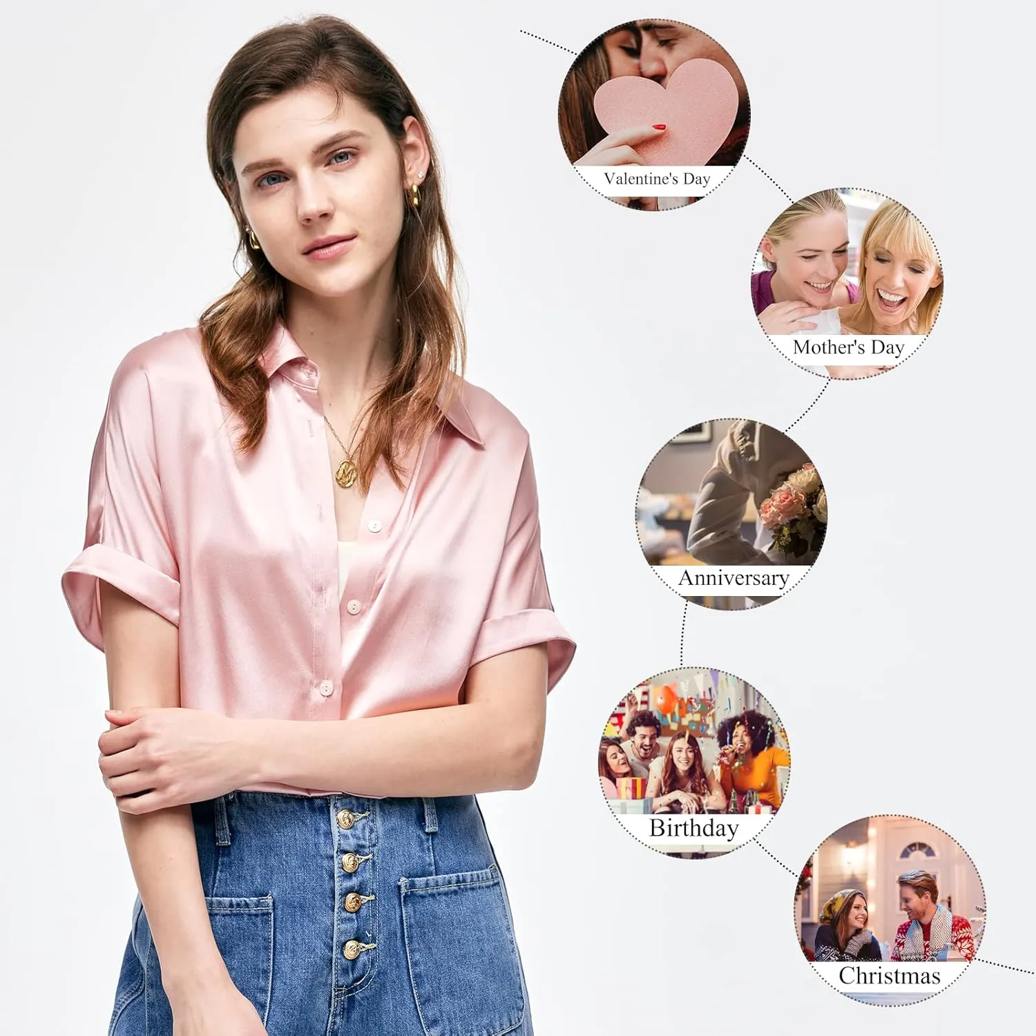 Silk Blouse for Women Button Down Shirts: Women's Short Sleeve Elegant Shirt 100% Pure Silk Casual Tops Summer Luxury Blouses