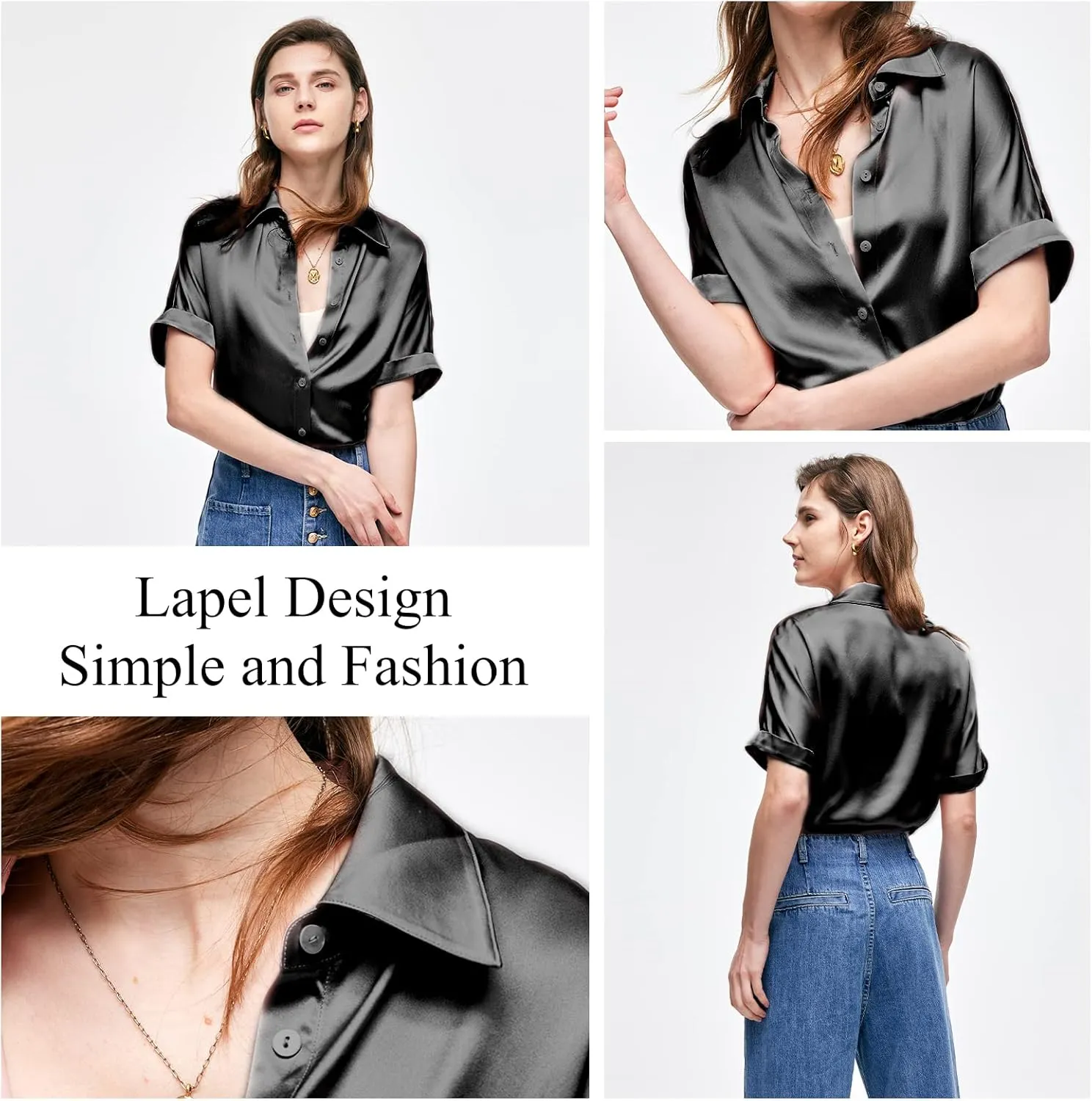 Silk Blouse for Women Button Down Shirts: Women's Short Sleeve Elegant Shirt 100% Pure Silk Casual Tops Summer Luxury Blouses