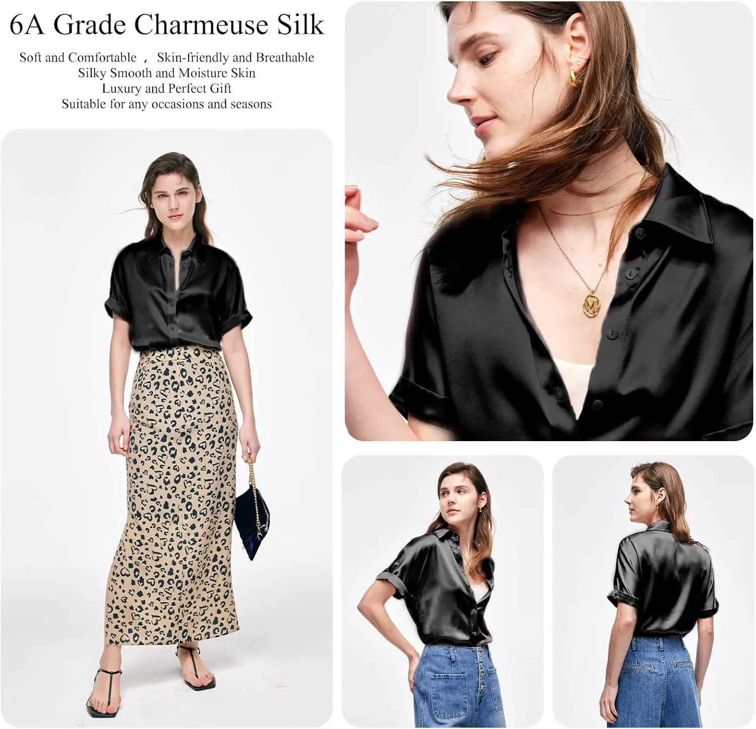 Silk Blouse for Women Button Down Shirts: Women's Short Sleeve Elegant Shirt 100% Pure Silk Casual Tops Summer Luxury Blouses