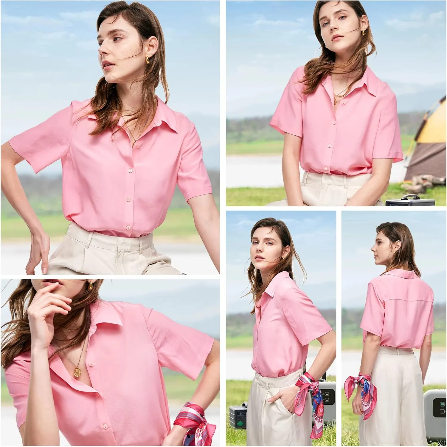 Silk Blouse for Women Button Down Shirts: Women's Short Sleeve Elegant Shirt 100% Pure Silk Casual Tops Summer Luxury Blouses