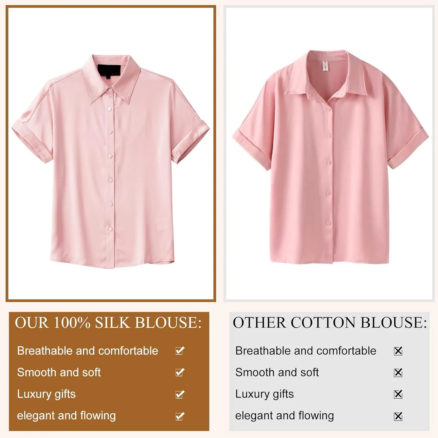 Silk Blouse for Women Button Down Shirts: Women's Short Sleeve Elegant Shirt 100% Pure Silk Casual Tops Summer Luxury Blouses