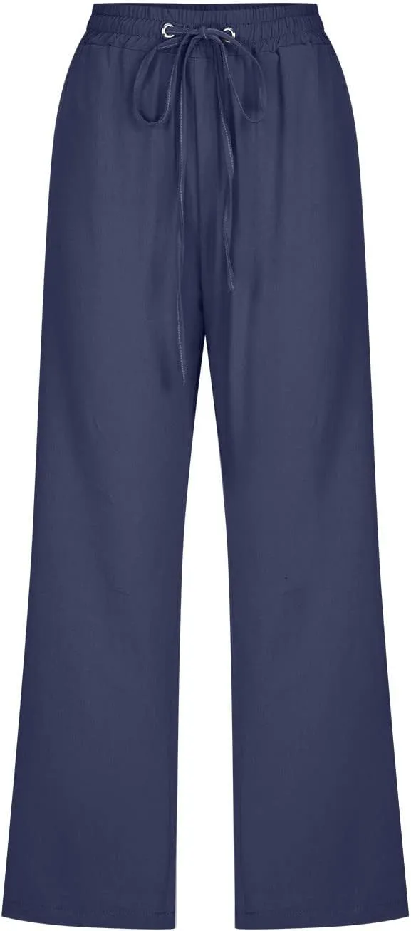 SMIDOW Capri Pants for Women Casual 2025 Summer Drawstring Elastic High Waist Linen Pant Straight Wide Leg Cropped Trouser