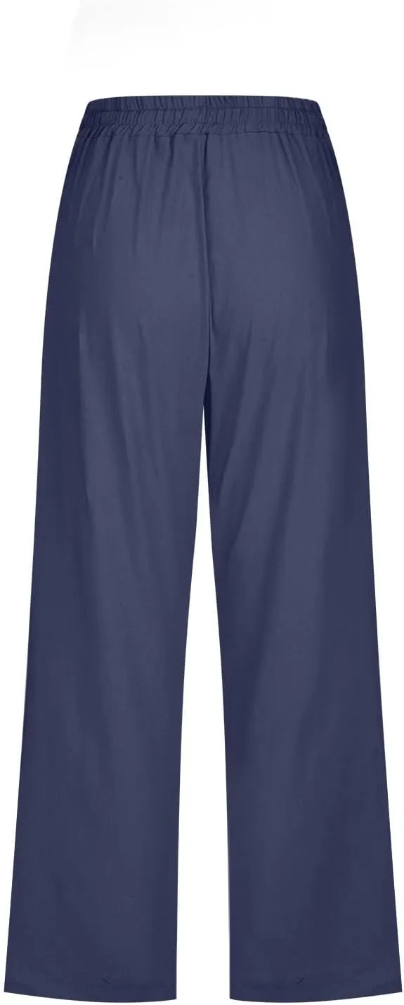 SMIDOW Capri Pants for Women Casual 2025 Summer Drawstring Elastic High Waist Linen Pant Straight Wide Leg Cropped Trouser
