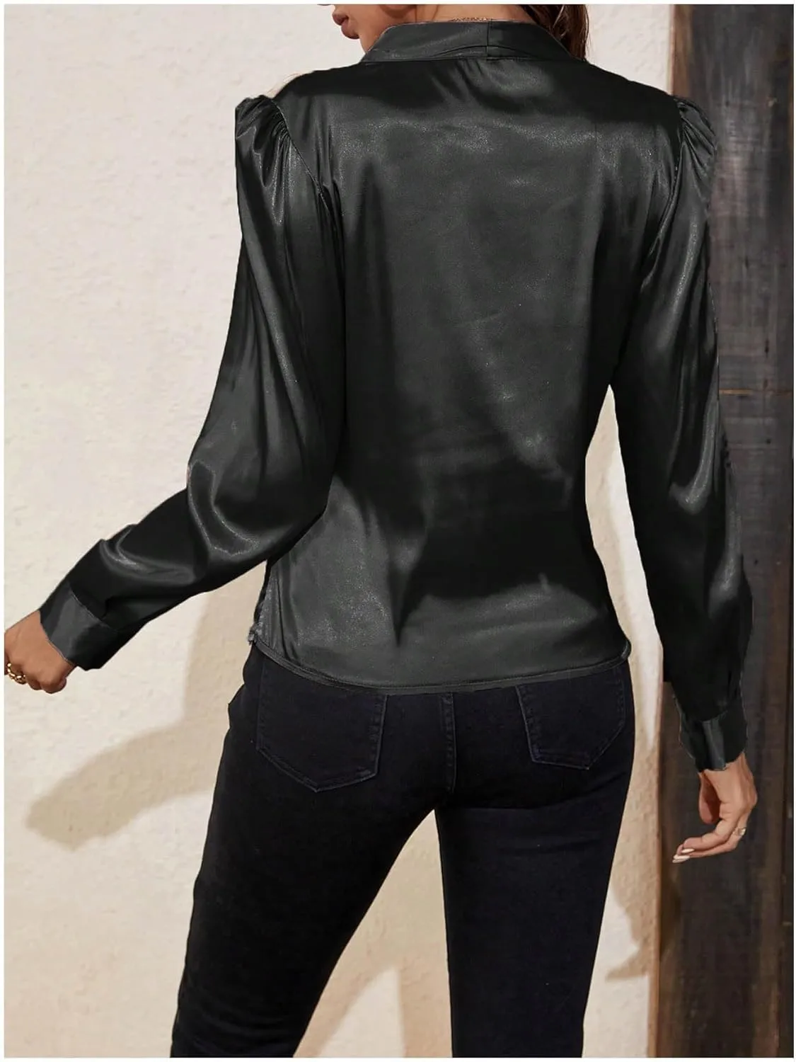 SOLY HUX Women's Satin Silk Blouses Wrap V Neck Puff Long Sleeve Shirts Casual Office Work Tops